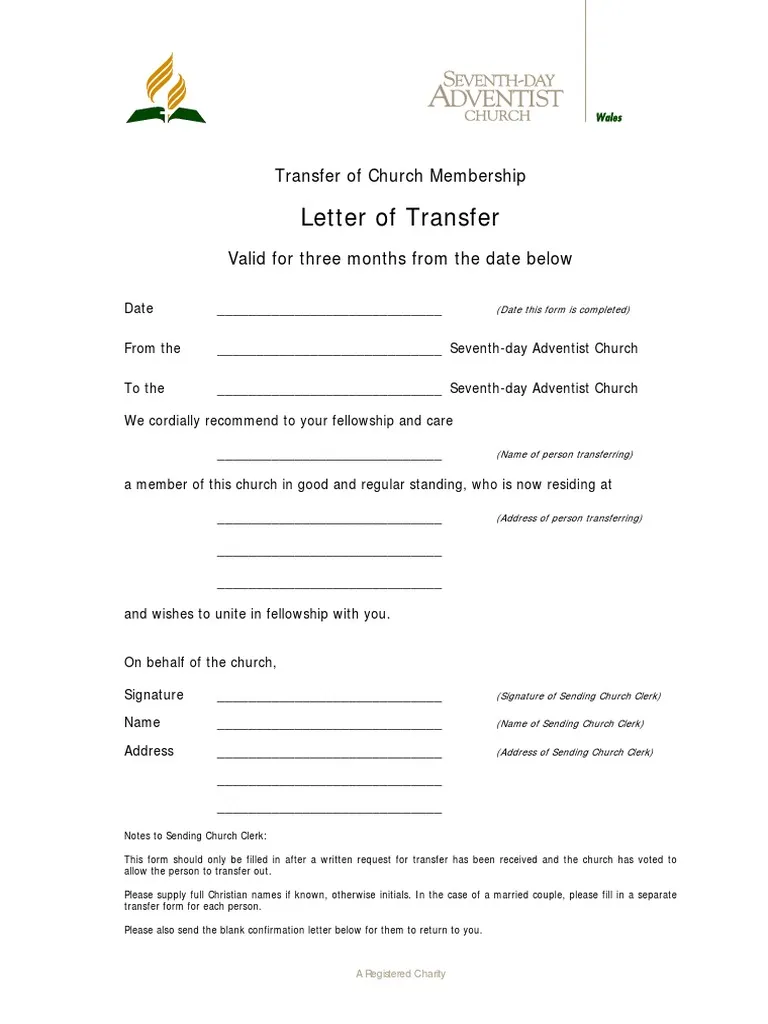 Printable church membership transfer letter template