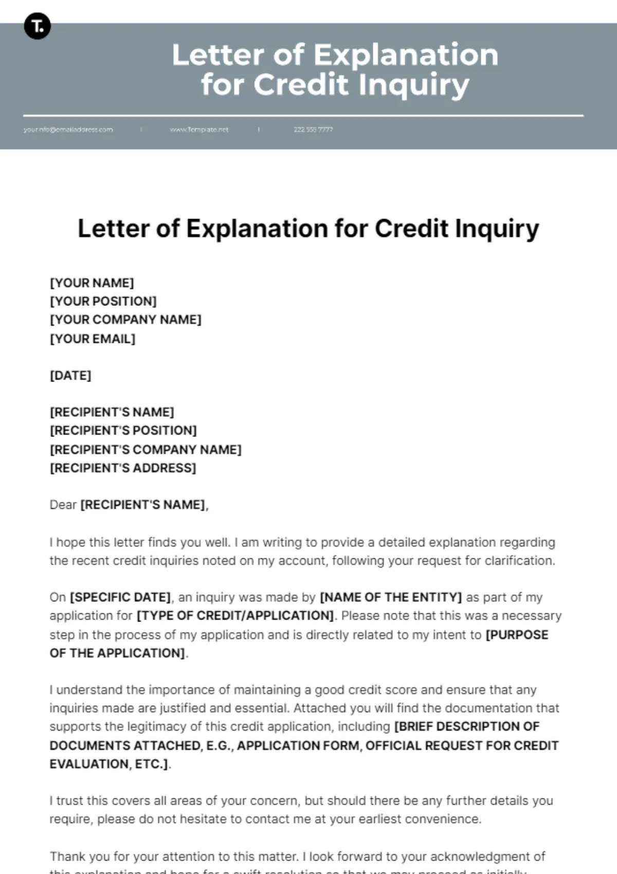 credit inquiry explanation letter template