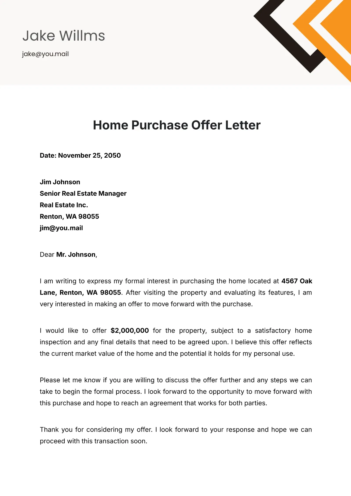 home purchase offer letter template