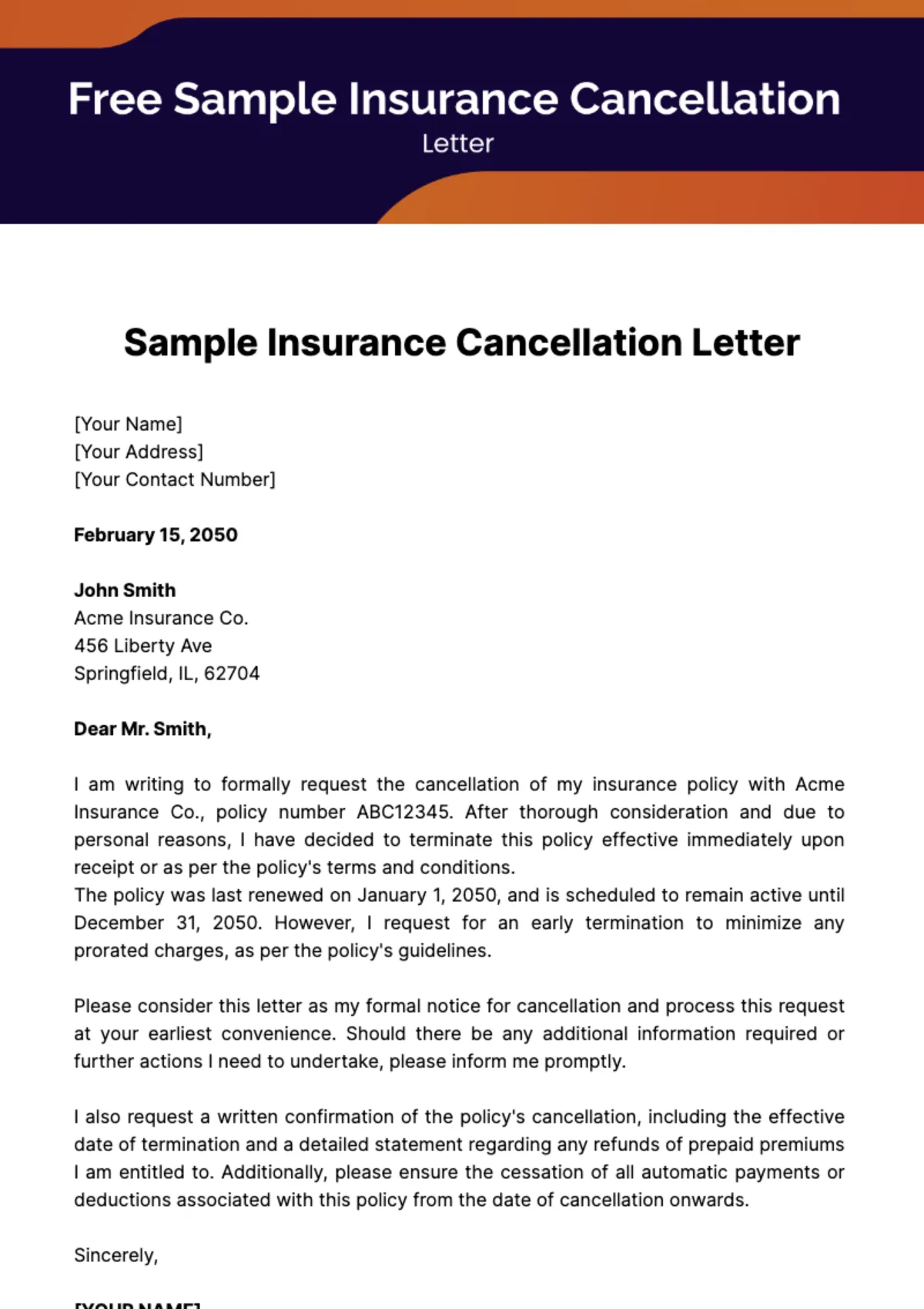 insurance policy cancellation letter template