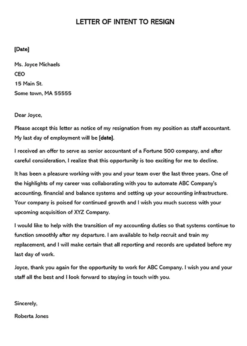 intent to resign letter template