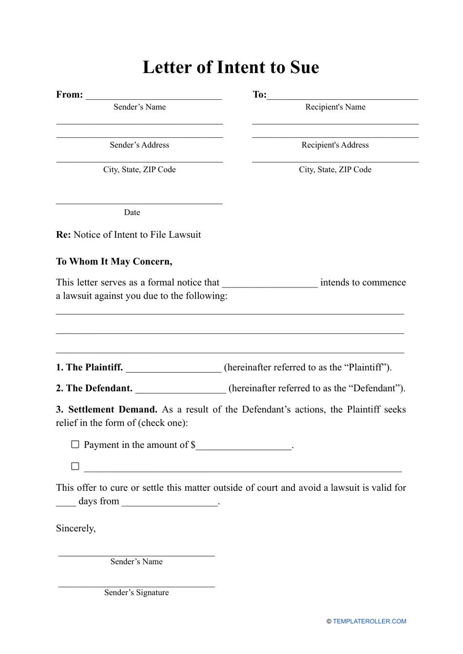 Printable intent to sue letter template