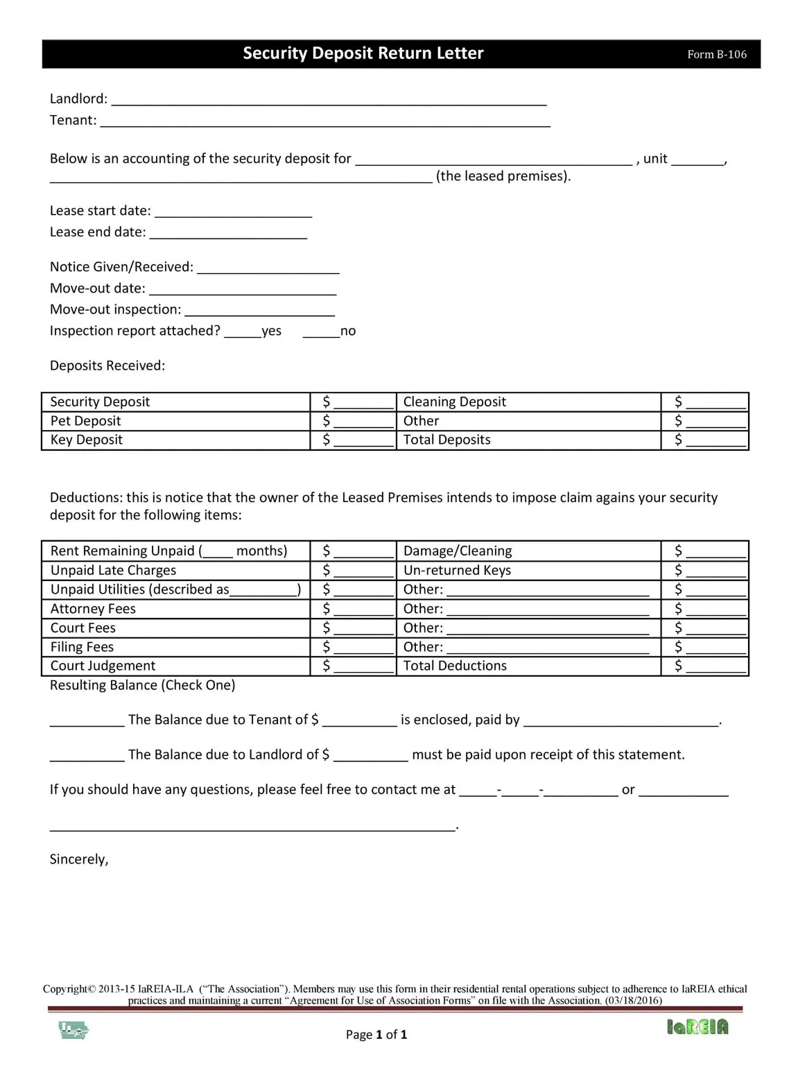 landlord deposit return letter template