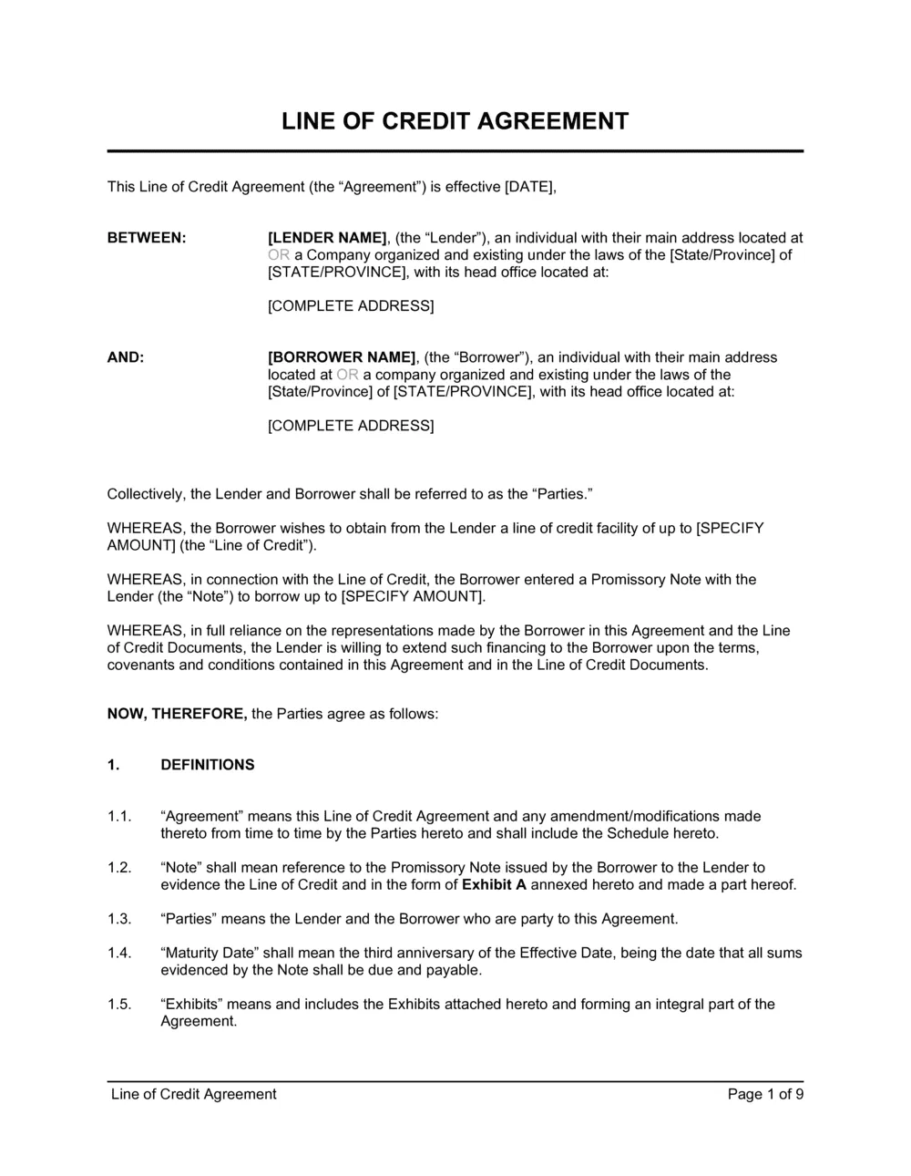 Printable line of credit letter template