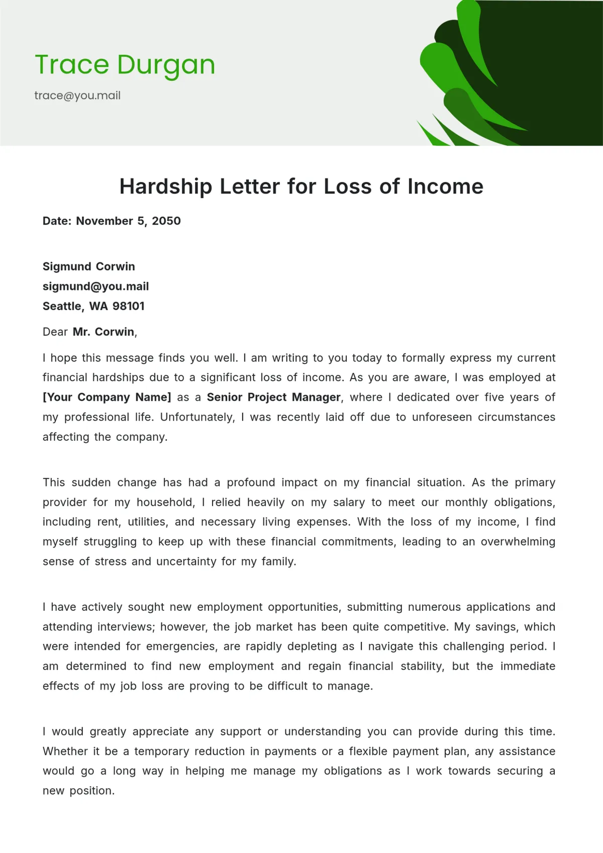 loss of earnings letter template