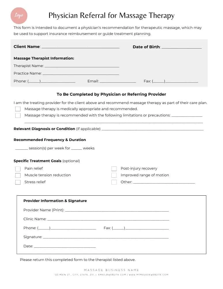 Printable massage therapy referral letter template