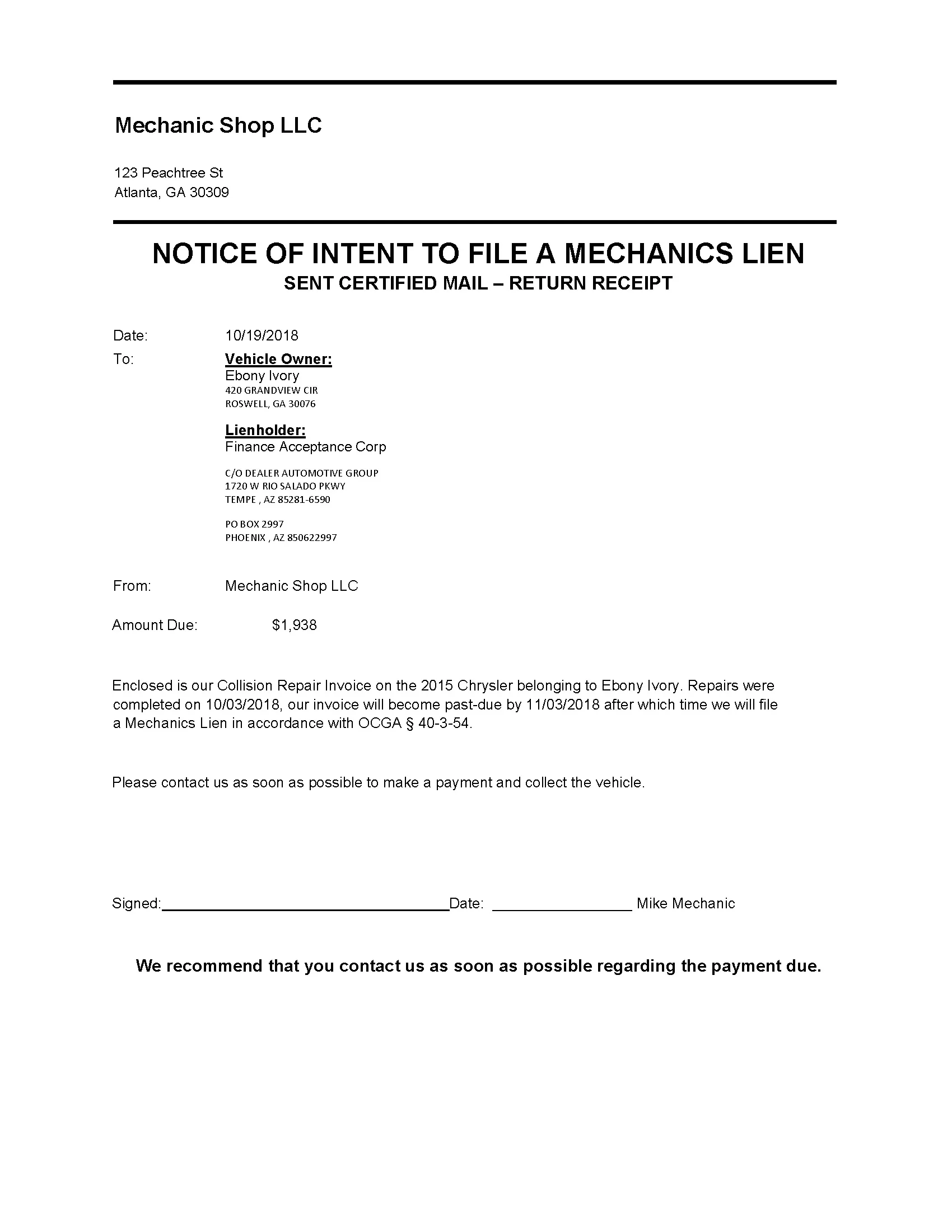 mechanics lien intent to lien letter template
