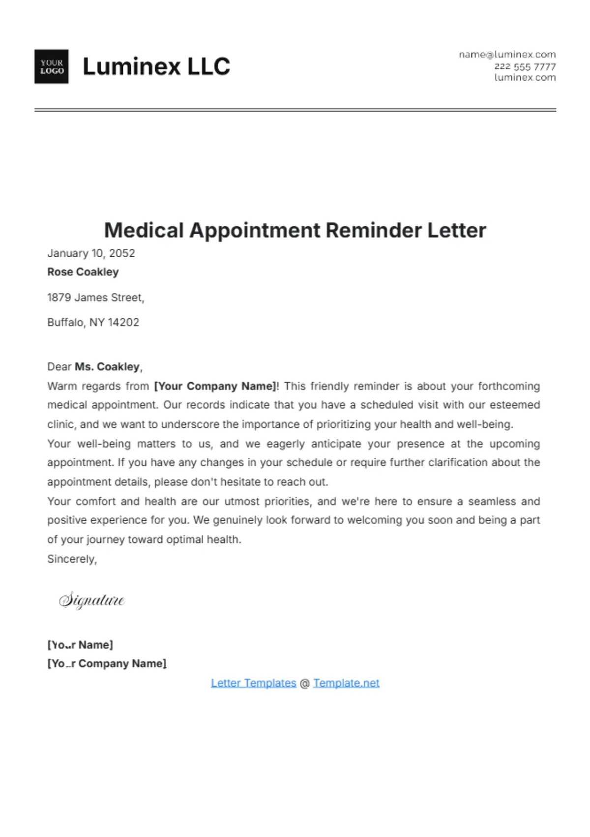 medical appointment reminder letter template