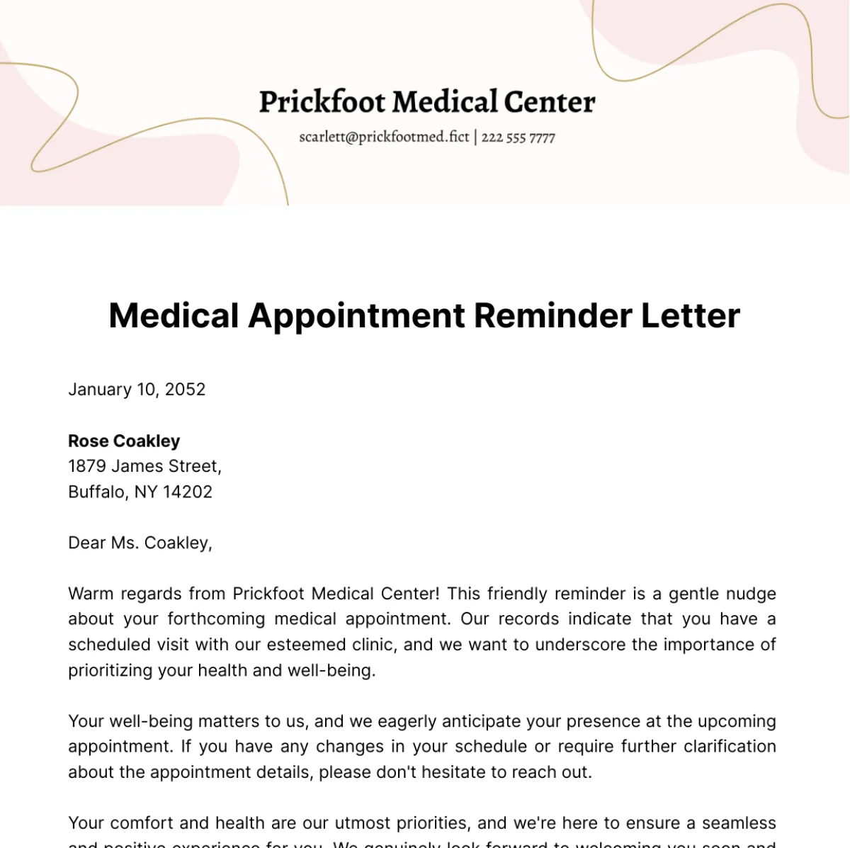Printable medical appointment reminder letter template