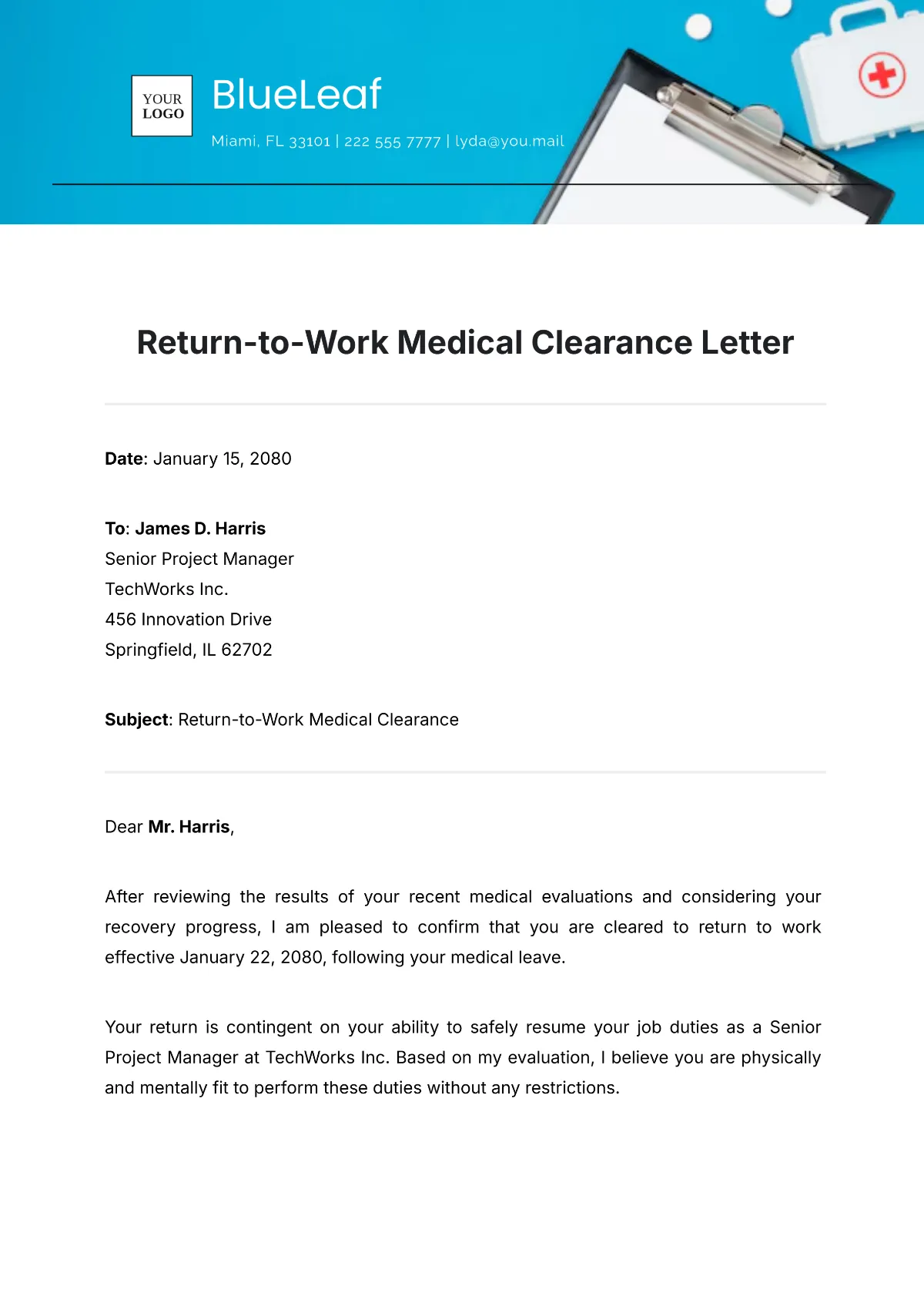 Printable medical return to work letter template