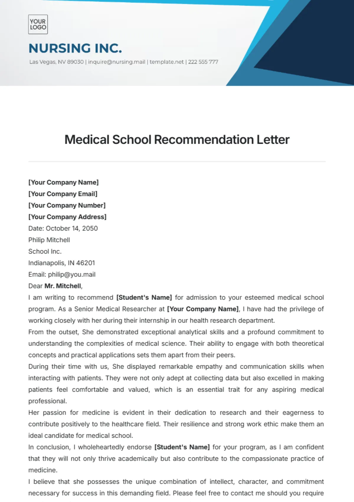 medical school recommendation letter template