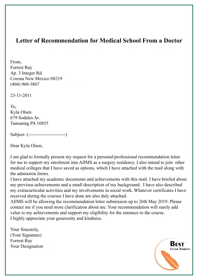 Printable medical school recommendation letter template