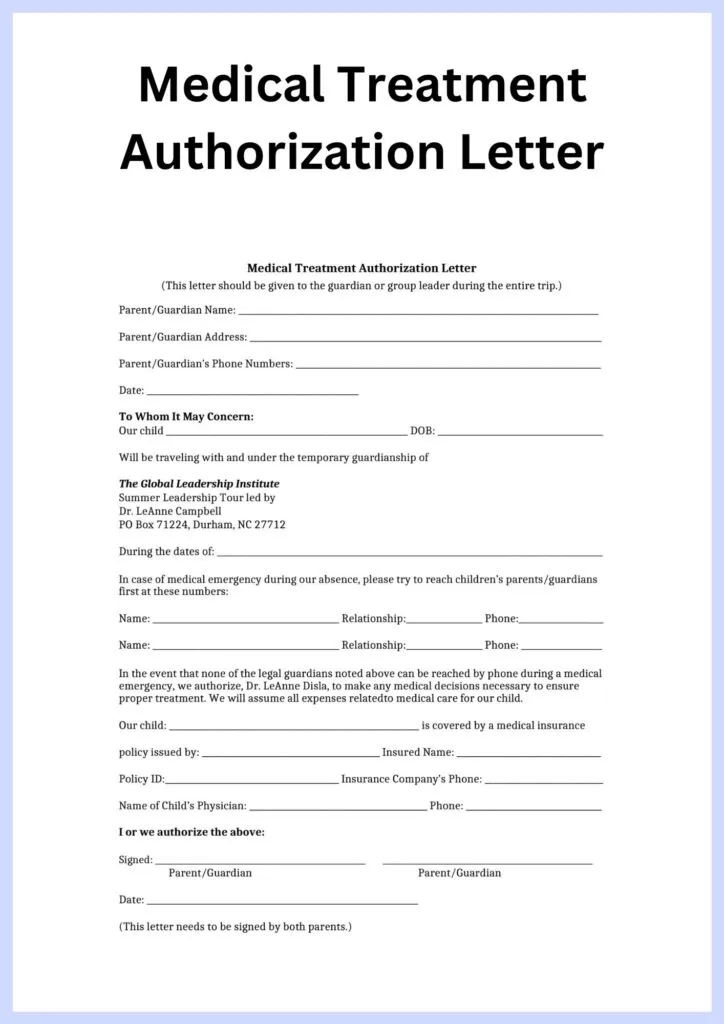 Printable medical treatment authorization letter template