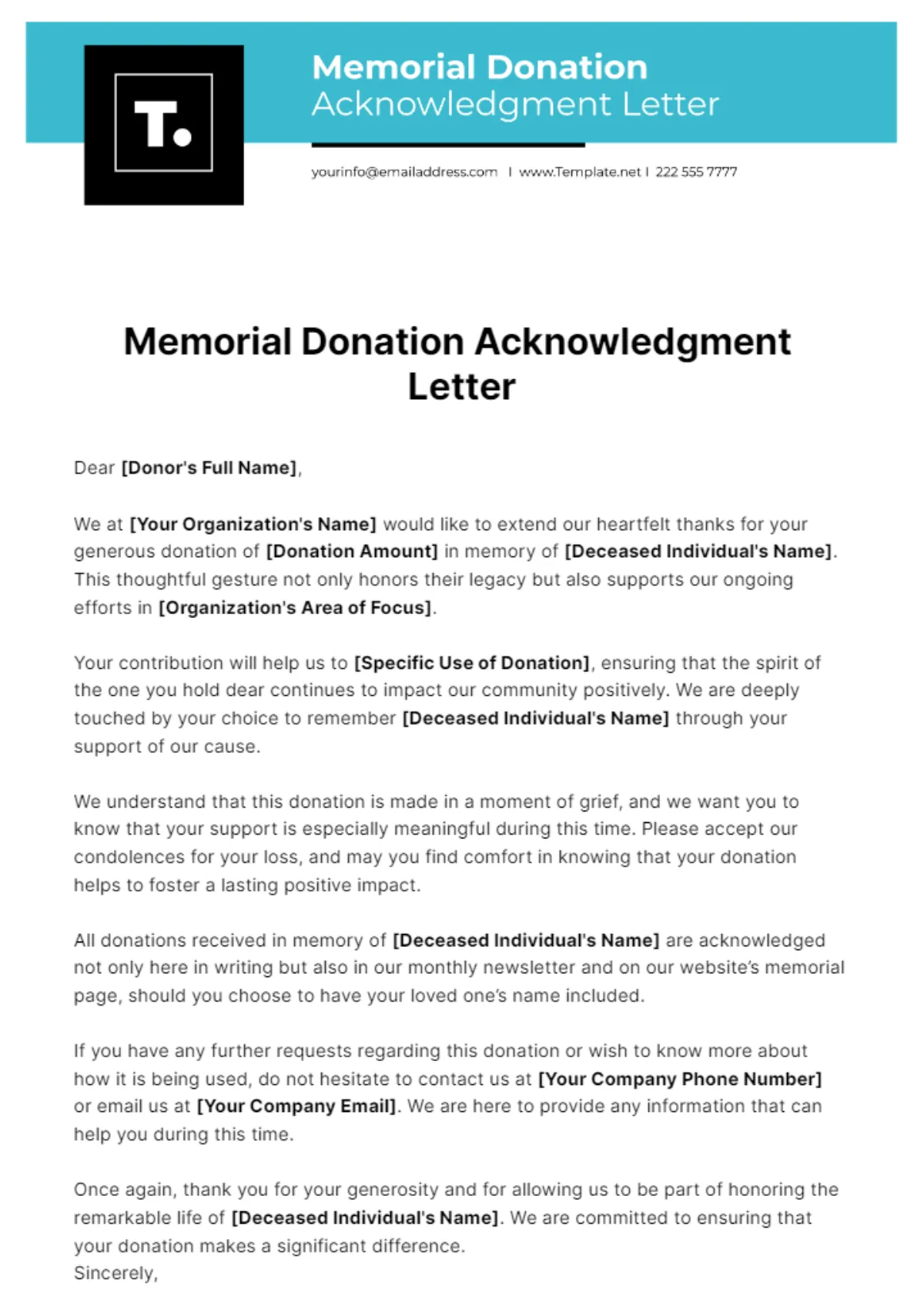 memorial donation acknowledgement letter template