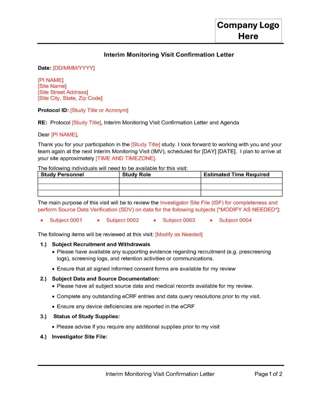 Printable monitoring visit confirmation letter template