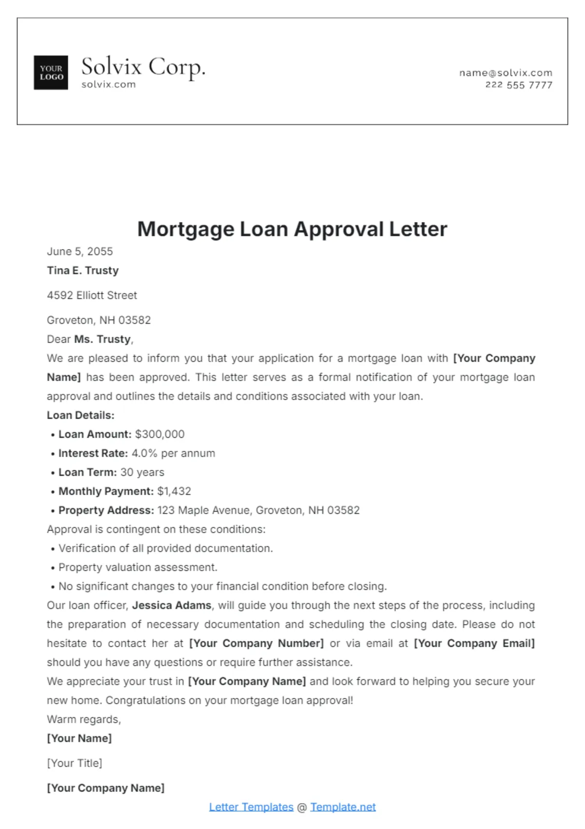 Printable mortgage loan approval letter template