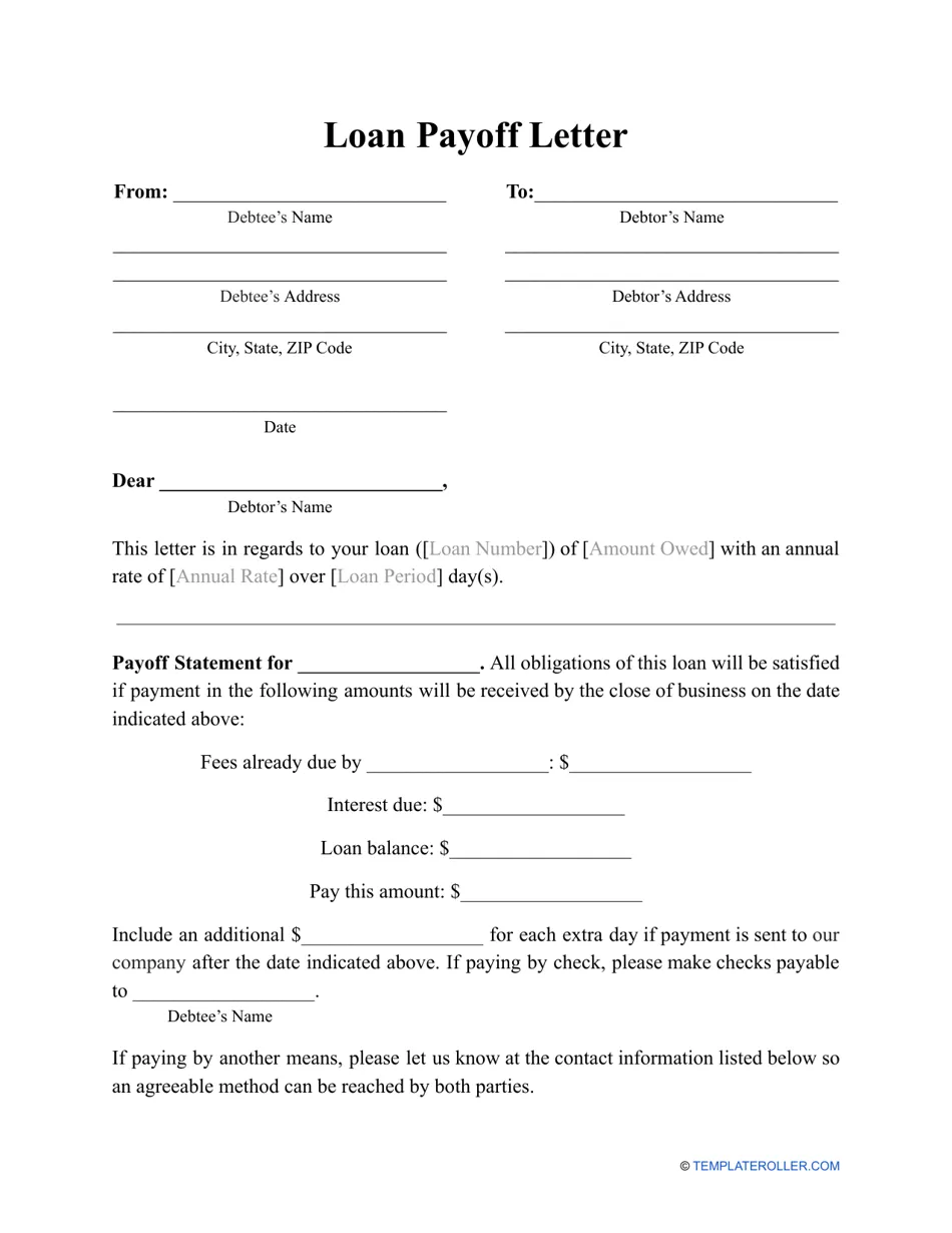 Printable mortgage loan payoff letter template
