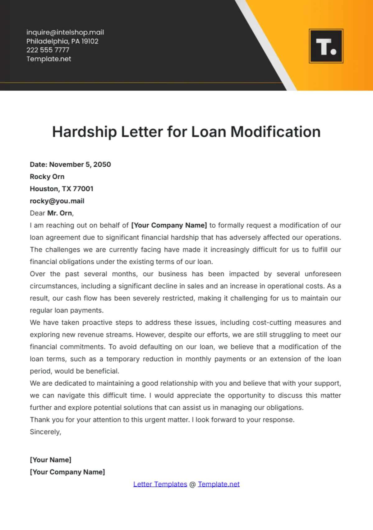 Printable mortgage modification hardship letter template