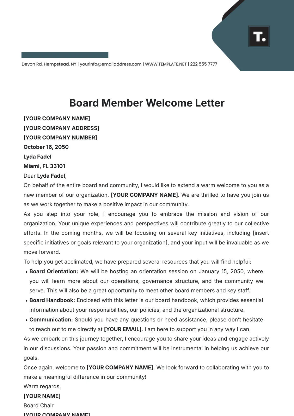 new board member welcome letter template
