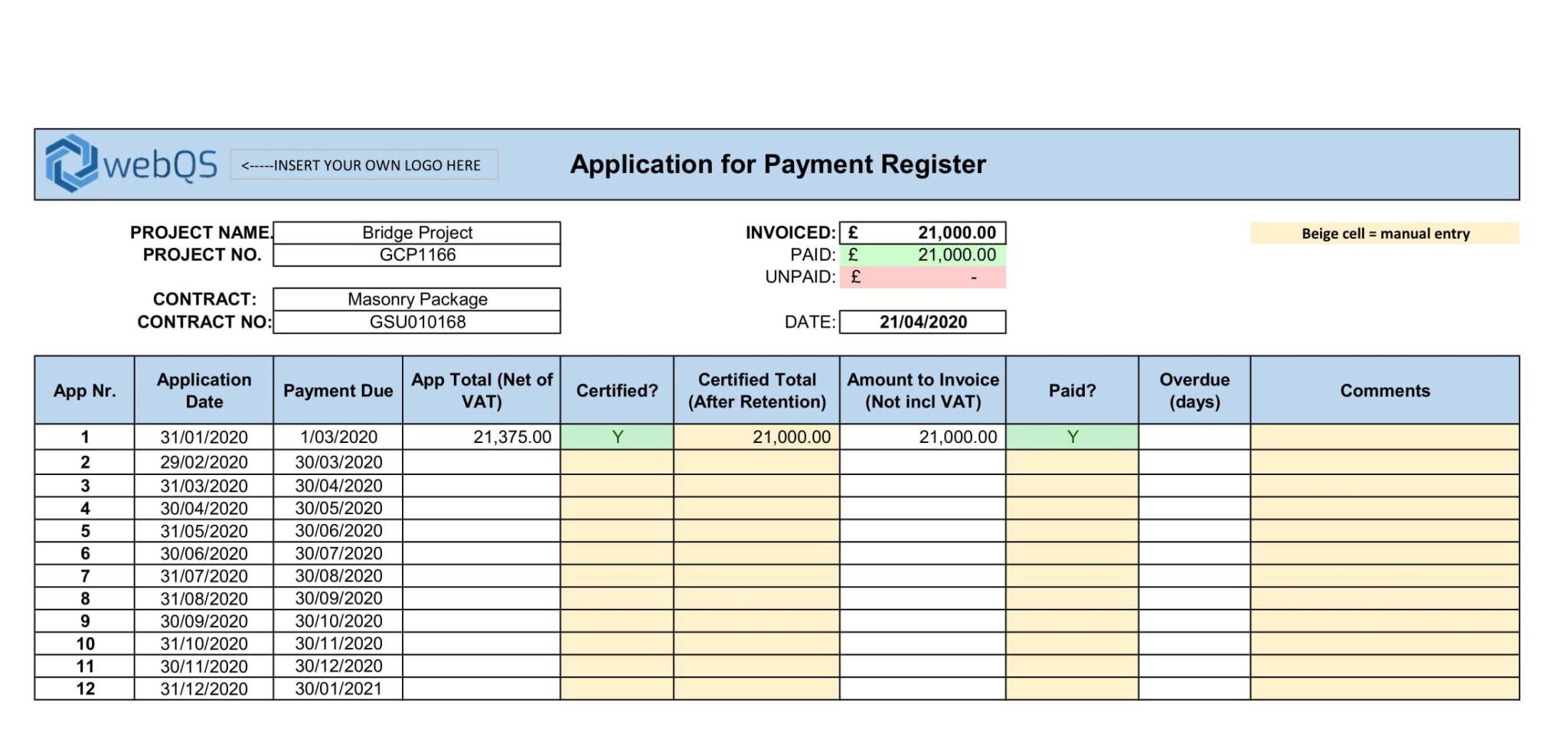 Construction Progress Payment Schedule Template