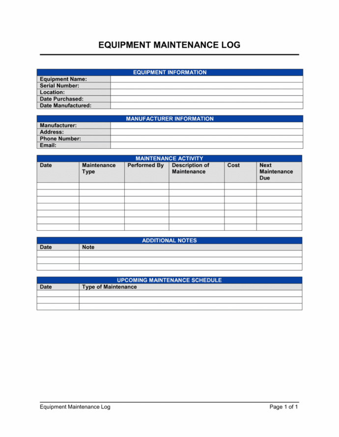 Equipment Service Record Template