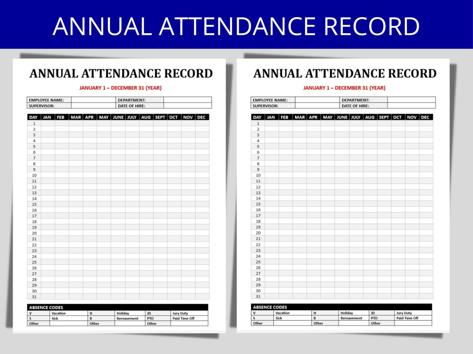 Yearly Employee Attendance Record Template