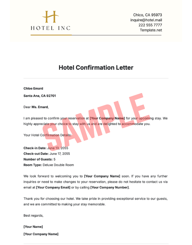 hotel booking confirmation letter template