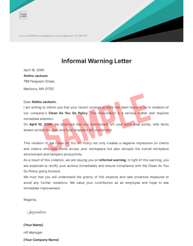 Informal Verbal Warning Letter Template