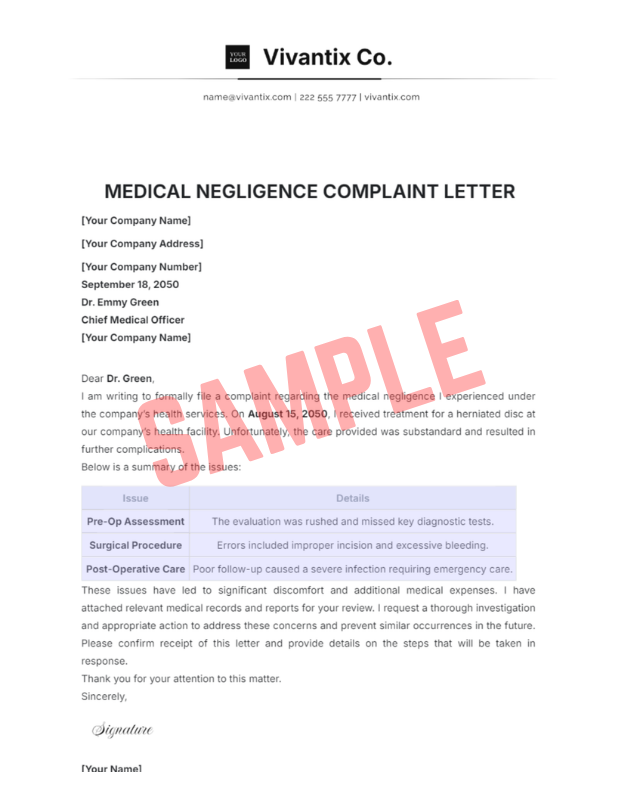 Medical Negligence Complaint Letter Template