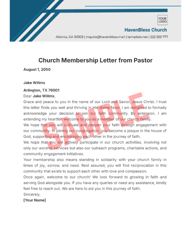 New Church Member Letter Template