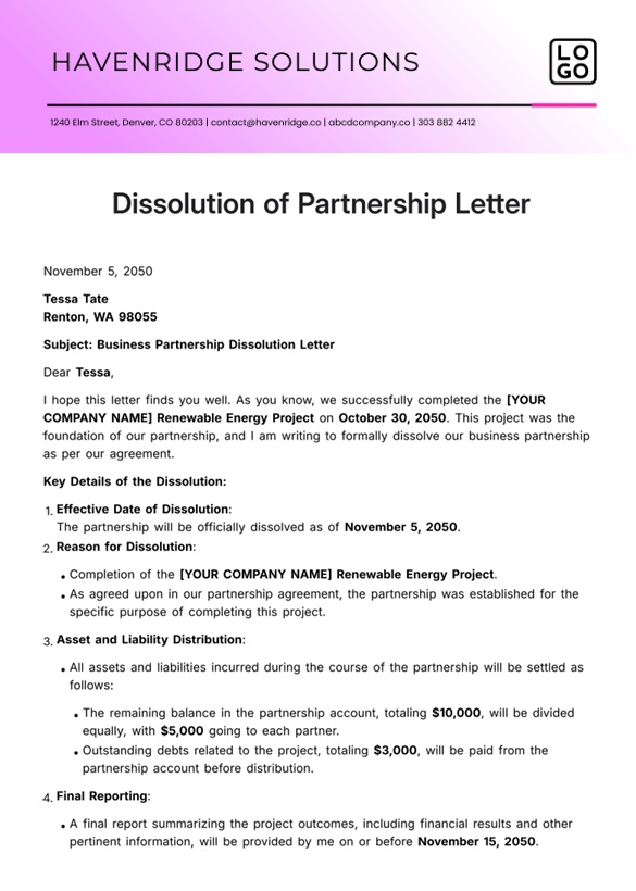 Dissolution Of Partnership Letter Template