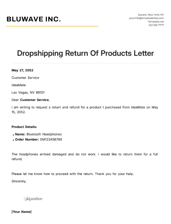 Dropshipping Return Of Products Letter Template