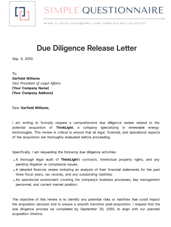 Due Diligence Release Letter Template