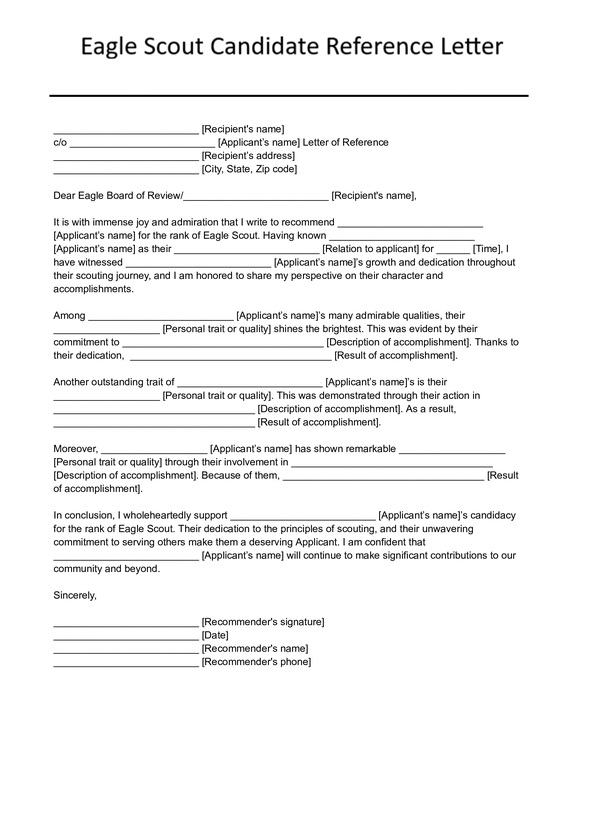 Eagle Scout Candidate Reference Letter Template