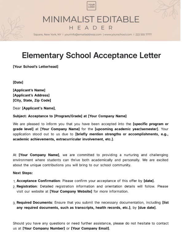 Elementary School Acceptance Letter Template