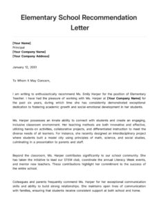 Elementary School Recommendation Letter Template