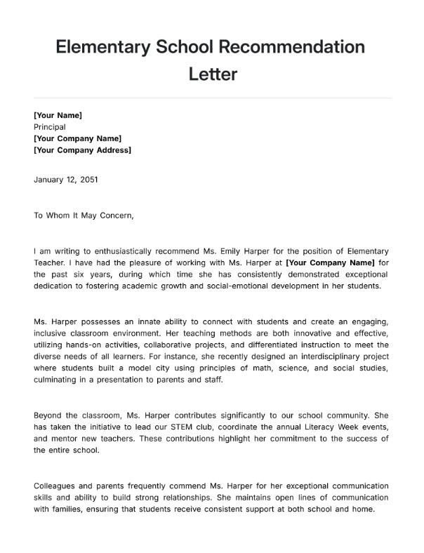 Elementary School Recommendation Letter Template