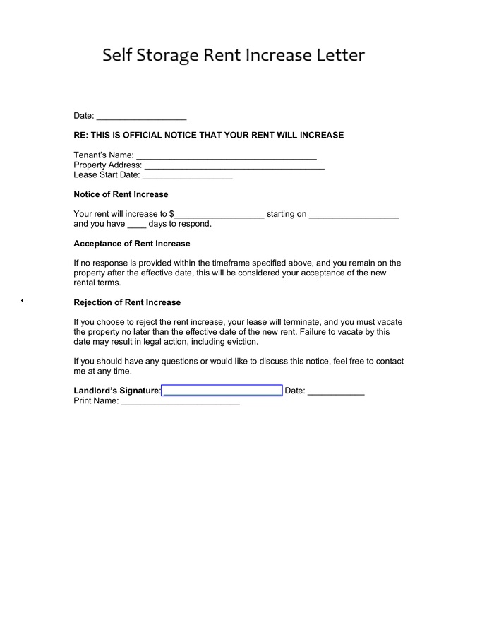 Self Storage Rent Increase Letter Template