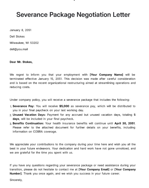 Severance Package Negotiation Letter Template