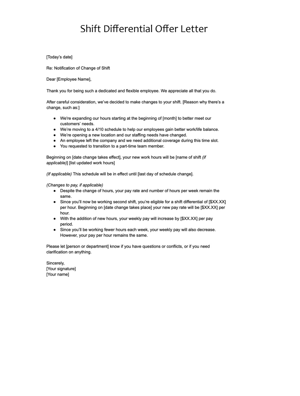 Shift Differential Offer Letter Template