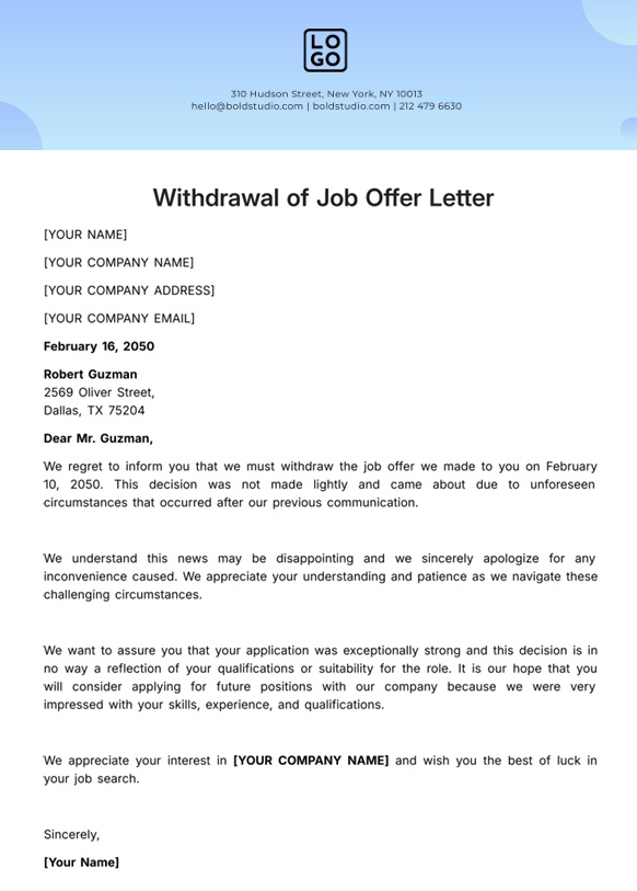 Withdrawal Of Job Offer Letter Template
