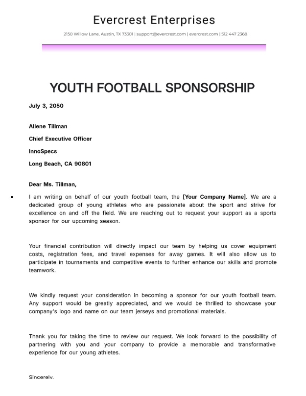Youth Football Sponsorship Letter Template