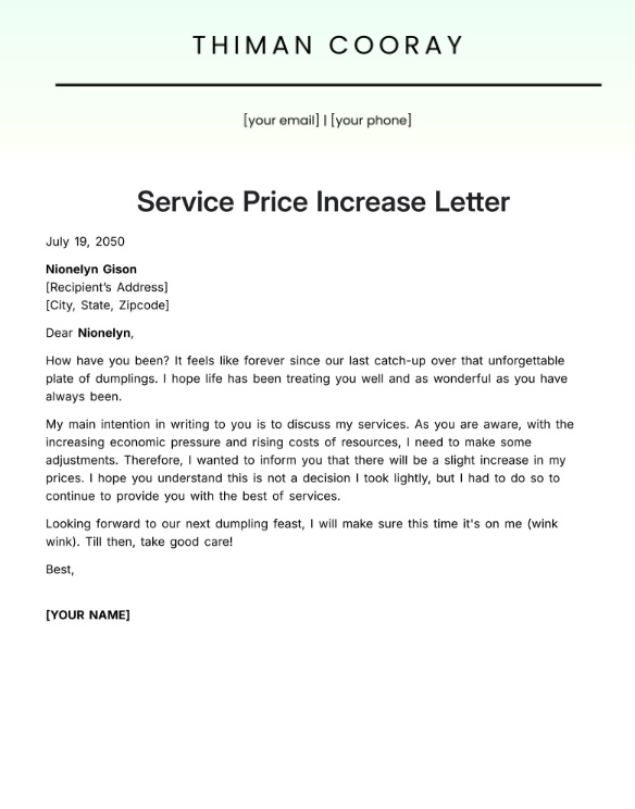 Service Price Increase Letter Template