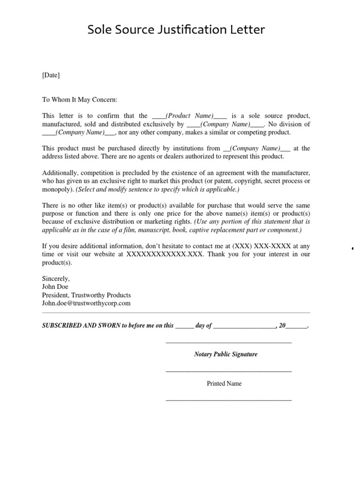 Sole Source Justification Letter Template