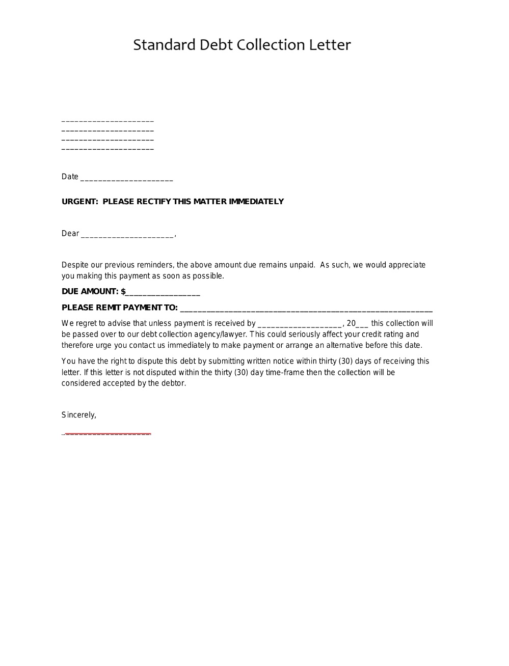 Standard Debt Collection Letter Template