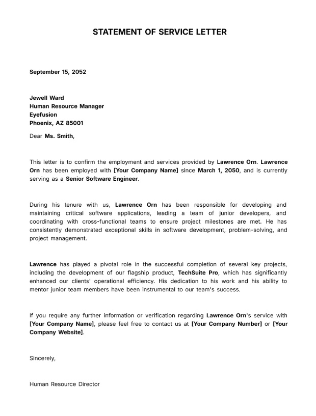 Statement Of Service Letter Template