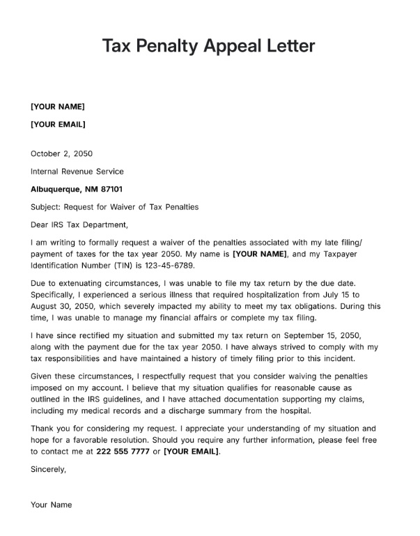 Tax Penalty Appeal Letter Template