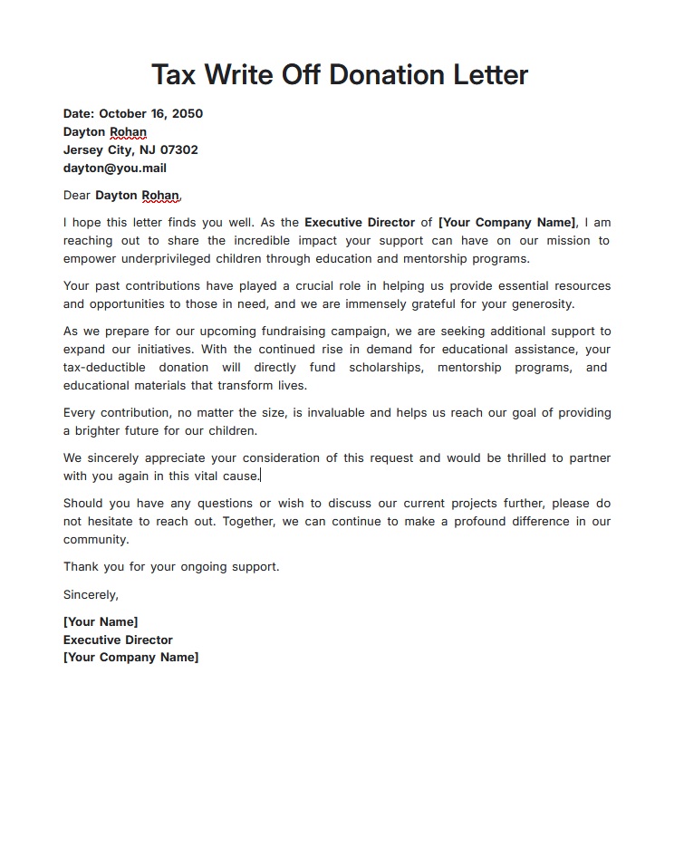 Tax Write Off Donation Letter Template