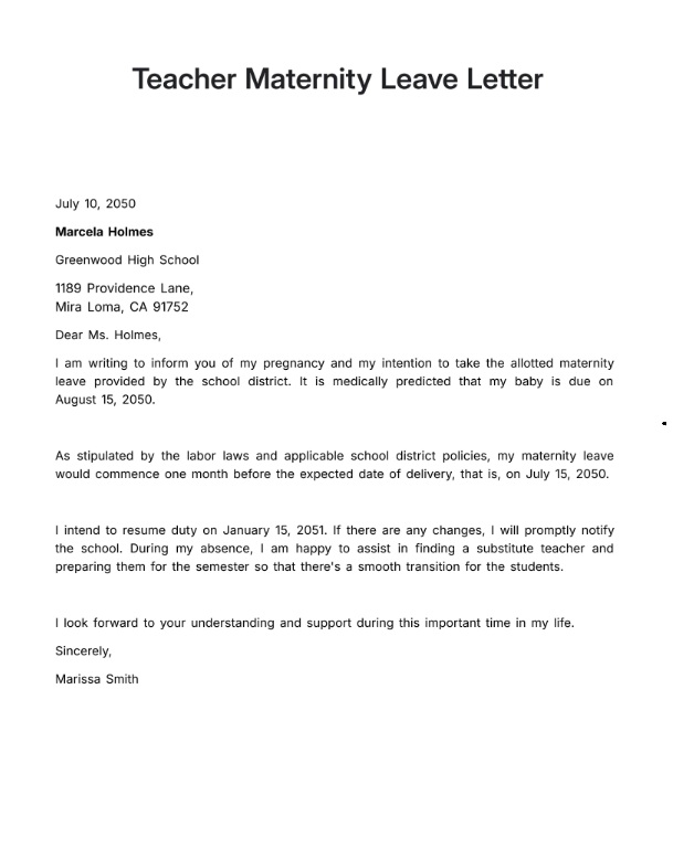 Teacher Maternity Leave Letter Template