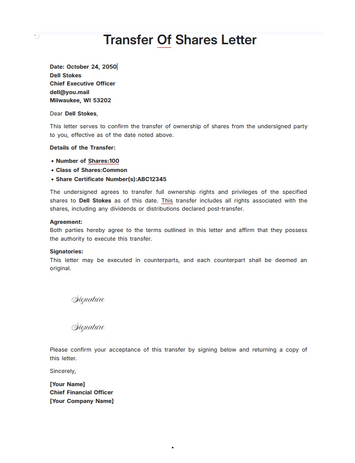 Transfer Of Shares Letter Template
